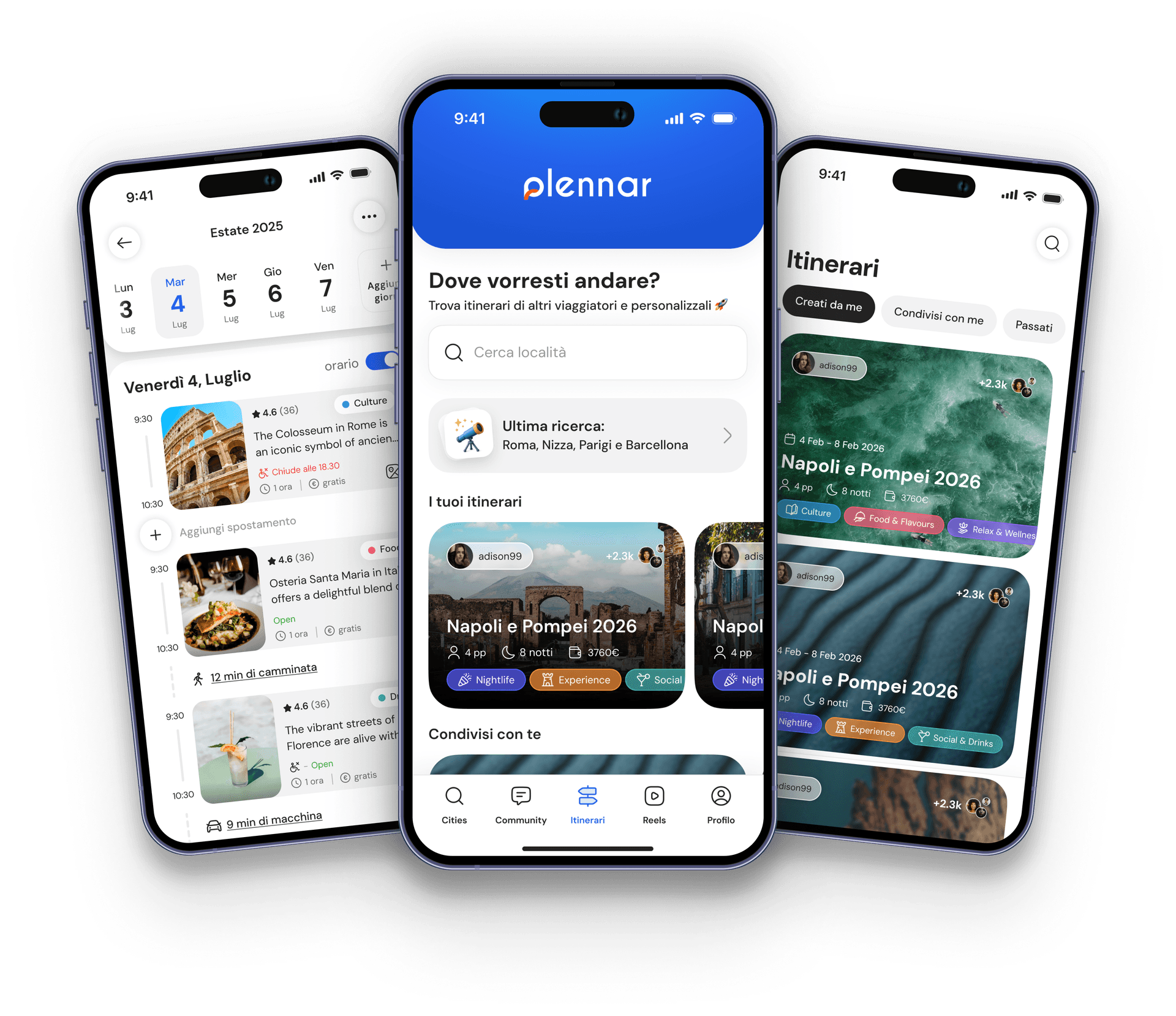 Plennar app screen: itinerary planner, shared itineraries and destination discovery