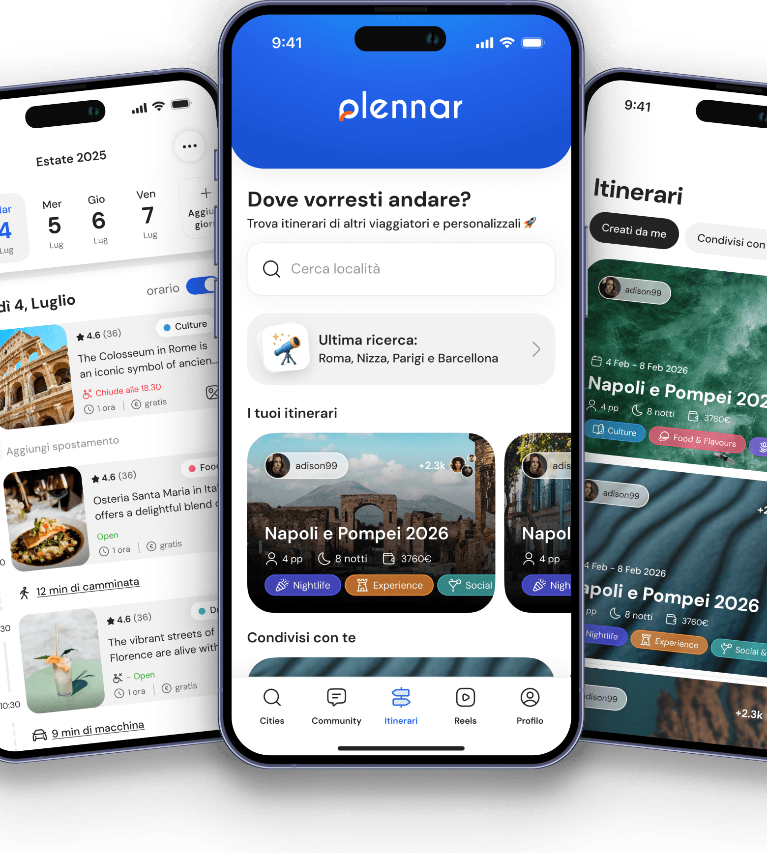 Plennar app screen: itinerary planner, shared itineraries and destination discovery